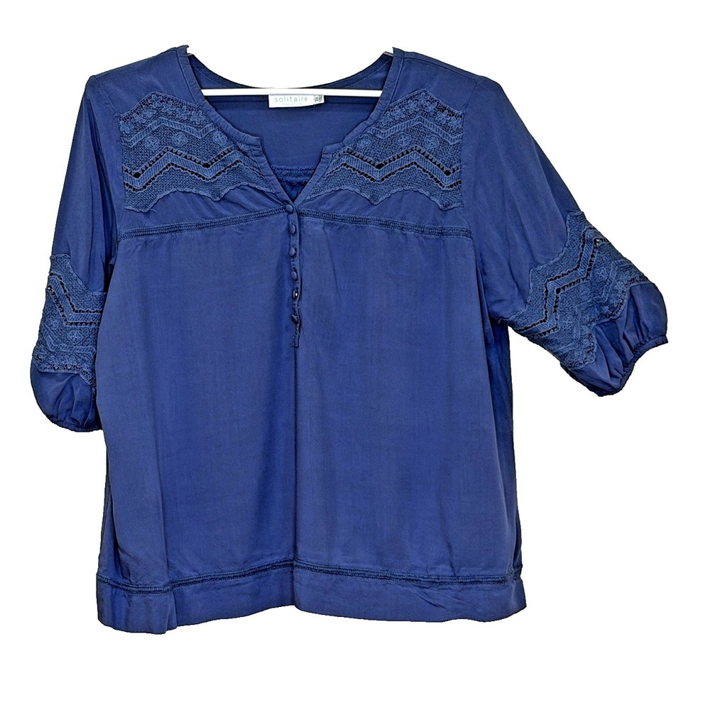Solitaire by Ravi Khosla Peasant‎ Top Womens 3X Blue Crochet 3/4 Sleeve V-Neck